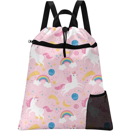 Pink Unicorn Drawstring Backpack, 15” x 17” Waterproof Swim Bag for Beach Swimming Pool, Lightweight Foldable Gym Bag with Water Bottle Holder for Sports Travel - color: Pink Unicorn