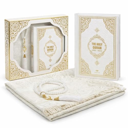 Quran Gift Set - English Translated Holy Quran, Prayer Mat, and Tasbih Beads - Elegant Islamic Gift for Ramadan, Eid, Hajj, Umrah, or Daily Prayers - Perfect Religious Gift for Muslims (White) - color: White