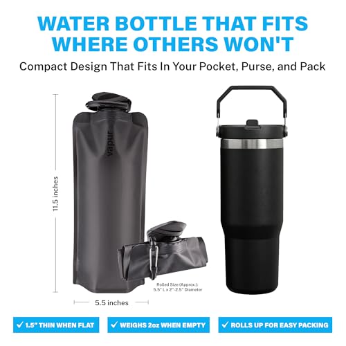 Vapur Collapsible Water Bottle with Carabiner - 34oz (1L), Blackout - Flexible and Lightweight Water Bottle for Travel, Concert, Hiking, and Outdoor Adventures - BPA-Free, Dishwasher-Safe, Freezable - color: Blackout