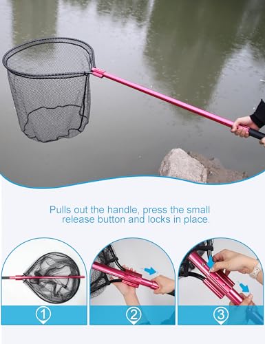 Extra Large Fishing Landing Net - 72"-94" Heavy Duty Telescopic Aluminum Handle, Snag-Free Rubber Mesh for Saltwater Boat, Net Hoop 28x24in, 30in Deep