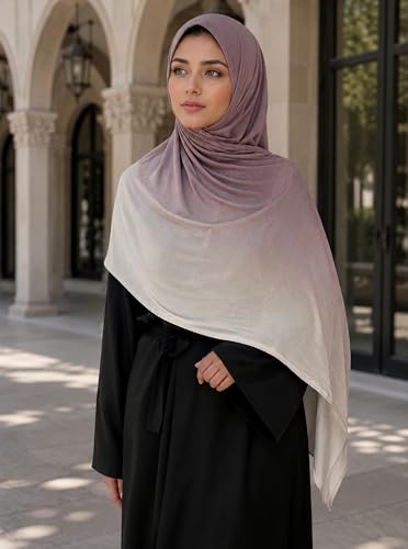 Premium Stretch Cotton Gradient Scarf for Women, Soft Jersey Wrap Shawl, Lightweight Ombre Hijab for Everyday Wear - color: Mctlo2537-brown