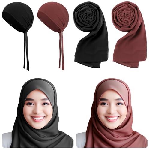 4 Pcs Women Solid Chiffon Hijab Scarves and Undercap Set Long Shawl Soft Wrap Scarves Muslim Inner Hijab Caps - color: Black, Coffee