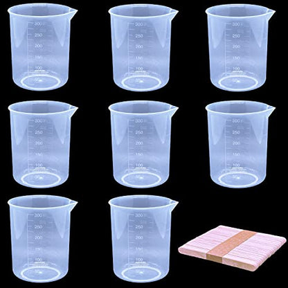 9 Pack Plastic Beakers, 300ml/10.1oz Epoxy Mixing Cups | Plastic Graduated Cup Clear Measuring Cup with 50 Pcs Mixing Sticks for Resin, Epoxy, Stain, Mixing Paint