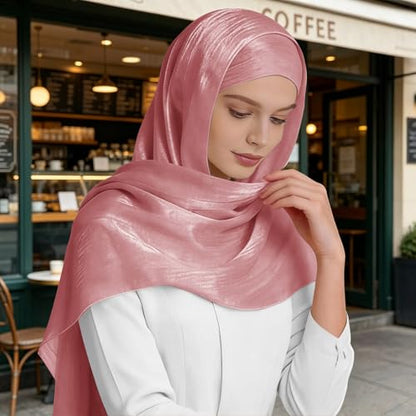 Premium Hijab Head Scarf for Women Lightweight Shimmer Hijab Head Wrap Scarves Crepe Satin Scarf Shawl Wrap - color: Rosy