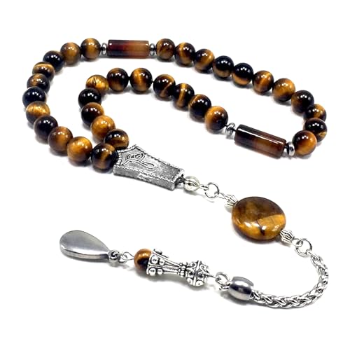 -Prestige Series -2- Worry Beads-Prayer Beads-Tesbih-Tasbih-Tasbeeh-Misbaha-Masbaha-Subha-Rosary (Tiger Eye Gemstone -8 mm 33 Beads & Teardrop Tassel) - color: Tiger Eye Gemstone -8 mm 33 Beads & Teardrop Tassel