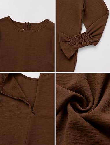 IDOPIP Muslim Dress for Girls Islamic Prayer Abaya Smocked Long Sleeve Kaftan Robe Dresses with Hijab Ramadan Dubai Outfits - color: Coffee, size: 5-6 Years