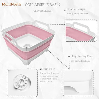 Collapsible Wash Basin 9L, Foldable Dish Tub with Drain Plug, Portable Collapsible Dish Basin, Camping Sink for Washing Dishes, Laundry & Kitchen Use (Pink) - color: Pink - Set of 1