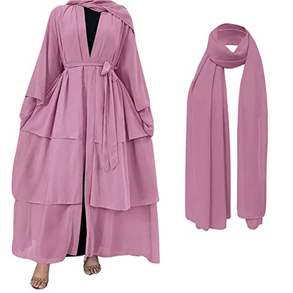 Muslim Chiffon Abaya for Women Open Front Cardigan Modest Dress with Hijab Scarf Middle East Arabian Robe Islamic Long Dress - color: Rose Pink, size: Small