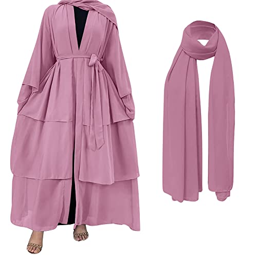 Muslim Chiffon Abaya for Women Open Front Cardigan Modest Dress with Hijab Scarf Middle East Arabian Robe Islamic Long Dress - color: Rose Pink, size: Small