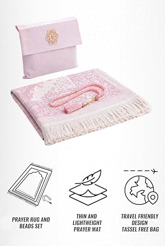ihvan online Muslim Prayer Rug with 99 Beads Tasbih & Travel Bag, Soft Taffeta Sajadah, Lightweight & Foldable Janamaz, Portable Prayer Mat, Islamic Gift for Eid, Ramadan, Hajj & Umrah, Dusty Pink - color: Dusty Pink