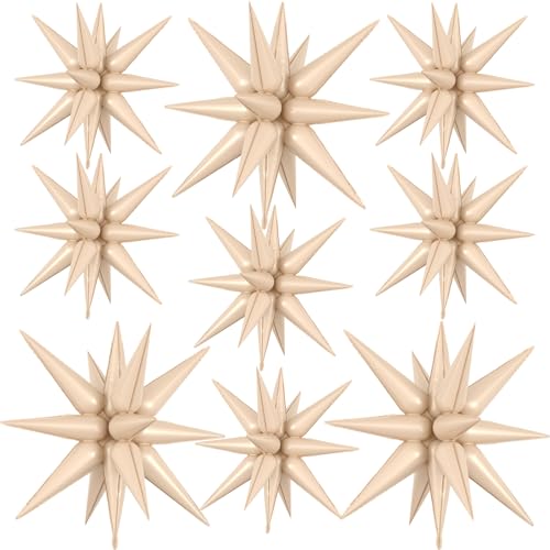 9Pcs Beige Star Balloons, Caramel Spike Foil Balloons Boho Party Decor - color: Beige