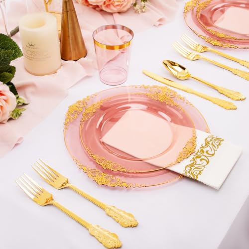 Hioasis 175pcs Burgundy and Gold Plates - Burgundy Party Plates for 25 Guest, Include 50 Heavy-duty Plates(20% Thicker Than Standard), 75 Cutlery Set, 25 Napkin, 25 Cups - color: Burgundy and Gold