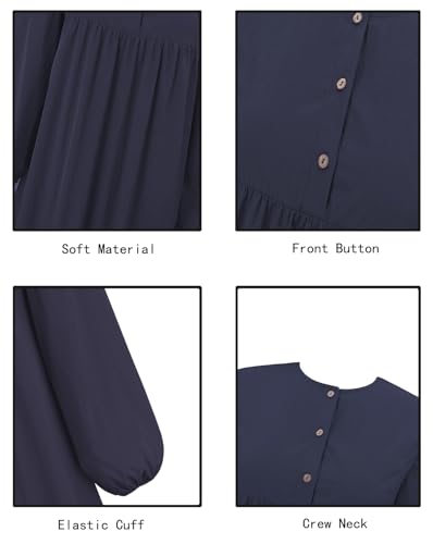 Womens Abaya Muslim Prayer 2 Pockets Long Sleeve Front Button Maxi Dresses Casual Islamic Clothes - color: Blue, size: Medium