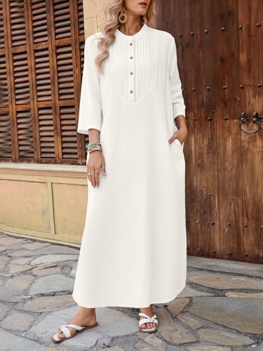 Celmia Autumn Solid Loose Long Maxi Dress Cotton Caftan - color: Pleated White, size: Small