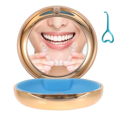 Retainer Case with Mirror, Cute Retainer Holder Case, Slim Aligner Case with Removal Tool, Magnetic Closure, Convenient Orthodontic Case for Invisalign/Night Guard/Mouth Guard - color: Gold