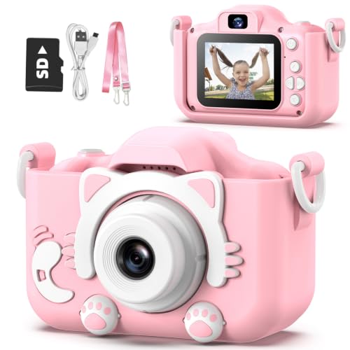 Goopow Kids Camera Toys for 3-8 Year Old Girls Boys,Children Digital Video Camcorder Camera with Cartoon Soft Cover, Best Chritmas Birthday Festival Gift for Kids - color: Pink-Cat