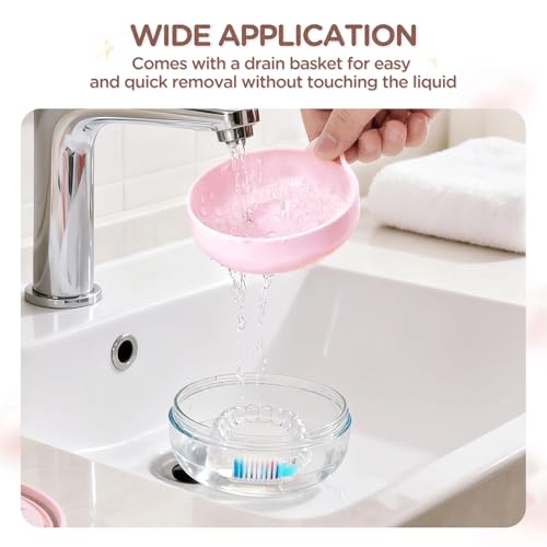 Retainer Case Denture Bath Case Basket Mirror Leak-proof Pink Cat | 2-in-1 design Strainer Basket No-Leak Cleaning Case for Mouth Guard Cute Removal Tool,Aligner chewies,Bursh - color: Pink Cat
