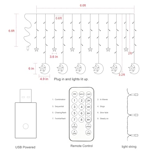 WATERGLIDE 138 LED Star Moon Curtain Decorative Lights, Window Curtain Fairy String Lights, Remote Control & USB Plug, 8 Lighting Modes for Home Holiday Ramadan Christmas Wedding Party, Warm White