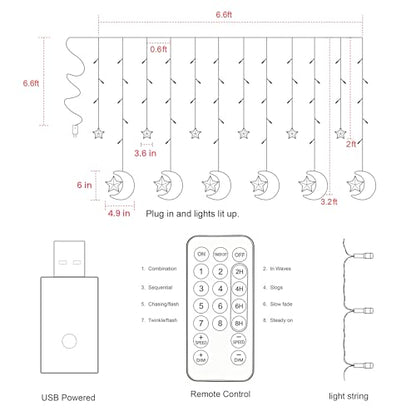 WATERGLIDE 138 LED Star Moon Curtain Decorative Lights, Window Curtain Fairy String Lights, Remote Control & USB Plug, 8 Lighting Modes for Home Holiday Ramadan Christmas Wedding Party, Warm White