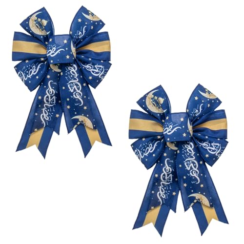 ALIBBON 2 Pcs Ramadan Kareem Bows for Wreaths, Eid Mubarak Wreath Bows Moon Castle Star Blue Gold Stripe Ribbon Bow for Front Door, Ramadan Decorations Tree Topper Bow for Indoor Outdoor Holiday Decor - color: Blue-a