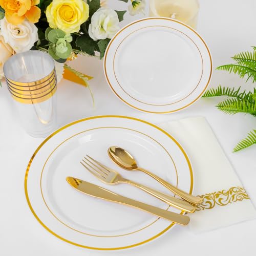 Supernal 400pcs Gold Plastic Plates for 50 Guests Heavy Duty Disposable Party Plates, 200 Gold Plastic Silverware, Linen Napkins, Clear Cups For Valentine's Day Mother's Day and Easter - color: 400pcs White and Gold Plastic Dinnerware