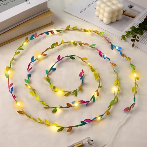 Fairy Lights Battery Operated with Vines, Colorful Leaves String Lights Plant Light for Bedroom Wedding Birthday Party Decoration Indoor DIY Crafts, 6.56FT, 2PCS - color: Multicolor