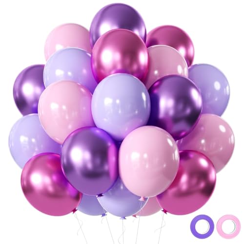 Pink and Purple Party Balloons, 50Pcs 12 Inch Purple Pink Balloons, Metallic Pink Purple Latex Balloons Birthday Party Balloons for Birthday Wedding Bridal Shower Party Decorations - color: Pink Purple