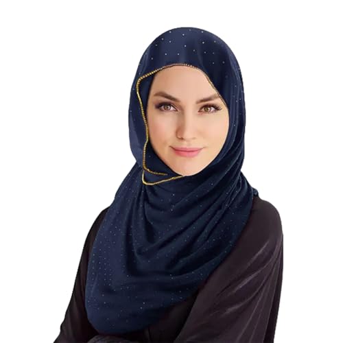 Hijab Scarf for Women Soft Chiffon Rhinestone Long Scarf Shawl Fashion Muslim Hijab Head Wrap Scarves - color: Navy