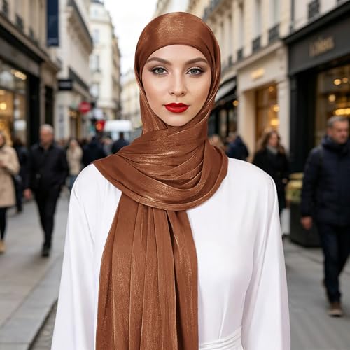 Premium Hijab Head Scarf for Women Lightweight Shimmer Hijab Head Wrap Scarves Crepe Satin Scarf Shawl Wrap - color: Pumpkin