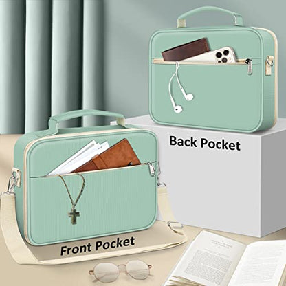 FINPAC Large Bible Cover w/Shoulder Strap, Carrying Book Case Church Bag Bible Protective w/Pen Slots and Zippered Pocket, Gift for Women Lady, Light Green - color: Light Green