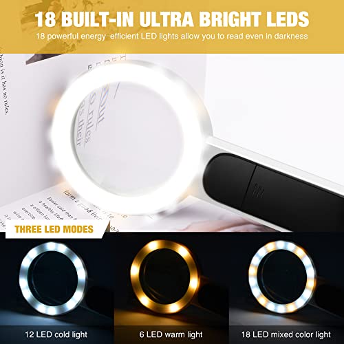 Magnifying Glass with Light, High Magnification Handheld Large Magnifying Glass 18LED Cold and Warm Light with 3 Modes, Illuminated Lighted Magnifier for Seniors Reading, Coins, Jewelry, Exploring - color: White