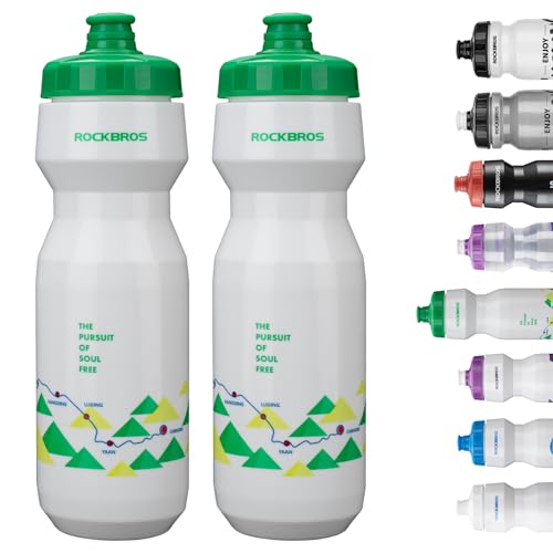 ROCKBROS Bike Water Bottle 20oz-25oz Squeeze Cycling Water Bottle BPA Free Leak Proof Sports Water Bottle with Dust Cover for Bicycle Running Gym Outdoor - color: 25oz White Green, style: 2 Pack