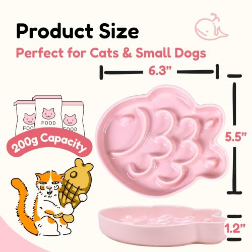 2 Pcs Ceramic Cat Slow Feeder Bowl - Shallow Whisker Friendly Cat Plate for Dry and Wet Food - Puzzle Feeder for Slow Eating - Helps Reduce Vomiting - Microwave & Dishwasher Safe -Non Slip(Pink+White) - color: Pink + White