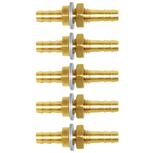 Joywayus 5 Pack 3/16" Hose Barb Thru-Bulk Head Hex Union Brass Fitting | With Flat Washer Gasket, For Water/Fuel/Air, Hose Connection, Leak-Proof Barb Connector - size: 3/16×3/16, style: 5PCS