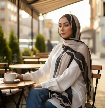 Hijab Modest and Elegant | Beautifully Designed Printed Chiffon Patterns | Muslim Women Head Scarf and Veil - color: Black B