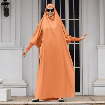 IDOPIP Muslim Abaya for Women One Piece Long Sleeve Islamic Prayer Dress with Hooded Hijab Maxi Kaftan Robe Modest Clothes - color: Orange
