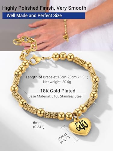 PROSTEEL Allah Bracelet, Muslim Islamic Jewelry Religious Islam Arabic God Charm Stainless Steel Beads Chain Bracelet, fits wrist from 5.9'' to 7.9'', Come with Box - color: 01 gold-allah heart