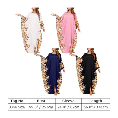 ODIZLI Ramadan Abaya for Women Muslim Batwing Sleeve Floral Print Prayer Dress Dubai Turkey Kaftan - color: White