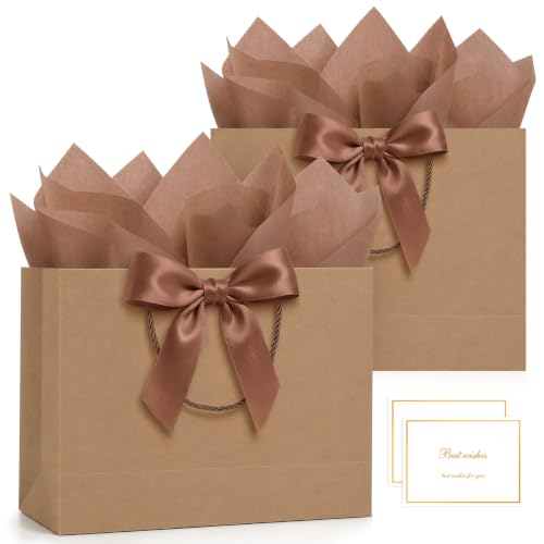 ANZNKU 2PCS Gift Bags 12.6" Medium Brown Gift Bags with Handles 4 Tissue Paper 2 Ribbons 2 Cards, Kraft Paper Gift Bag for Men Women Wedding Bridal Baby Shower Birthday Graduation Present Party Favors - color: Kraft Brown