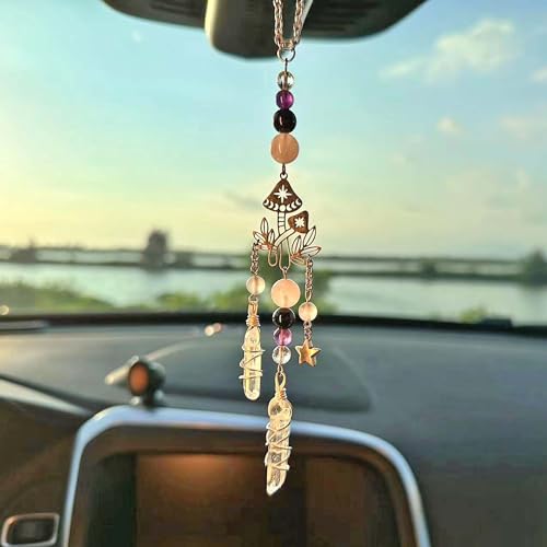 Hanging Car Charm, Handmade Car Mirror Hanging Accessories Rear View Mirror Decorations Crystals Stones Ornament Car Decor for Women Healing Crystal Accessories (Magical Mushroom) - color: Magical Mushroom