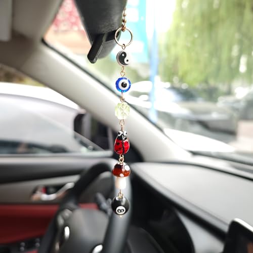 Evil Eye 자동차 걸이 장식, 백미러용 귀여운 자동차 참, 네잎 클로버, 무당벌레, 공 8개, 버섯, 음양 심보 및 보헤미안 자동차 액세서리가 있는 행운의 장식