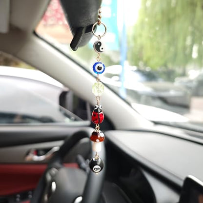 Evil Eye 자동차 걸이 장식, 백미러용 귀여운 자동차 참, 네잎 클로버, 무당벌레, 공 8개, 버섯, 음양 심보 및 보헤미안 자동차 액세서리가 있는 행운의 장식