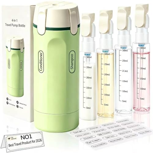 4 in 1 Travel Dispenser Bottle, 4 Pack 30ML Travel Bottles for Toiletries, 4 in 1 Travel Dispenser with Label, Leakproof & TSA Approved Portable Containers for Shampoo Lotion Conditioner Cream