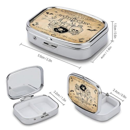 Metal 2 Compartment Pill Organizer Travel Friendly Portable Compact Pill Box Cute Pill Case to Hold Vitamins,Fish Oil,Supplements,Meds,Tablet for Purse,Pocket. (Bottles and Skeletons) - color: Bottles and Skeletons