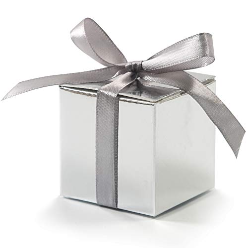 KPOSIYA 70 Pack Favor Boxes 2x2x2 inch Candy Boxes Silver Gift Boxes with Ribbons for Wedding Baby Shower Decorations Birthday Party Supplies - color: Silver(Pack of 70)