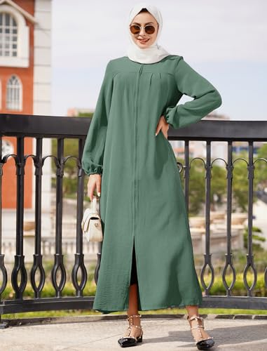 Muslim Dresses for Women One-Piece Long Sleeve Stand Collar Zip Up Islamic Prayer Dress Abaya Kaftan Dubai Dress - color: Green, size: X-Large