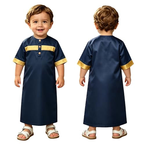 Toddler Ramadan Eid Outfit Traditional Middle Eastern Short-Sleeve Crew-Neck Thobe Kaftan Prayer Clothes - color: Navy Blue, size: 6-9 Months