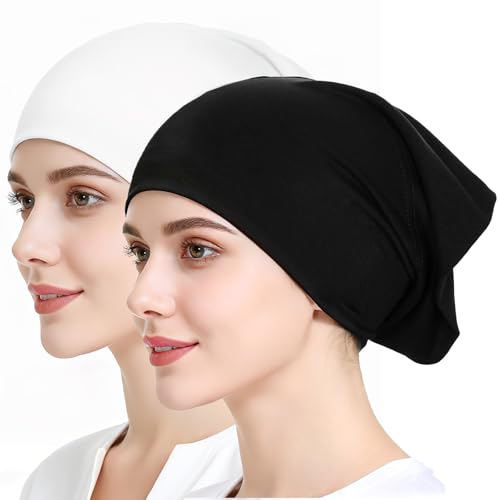Sucrain 2PCS Under Scarf Hat Cap Islamic Muslim Hijab Headscarf Elastic Wide Headband Lightweight Hats Breathable Liner - color: Black+white