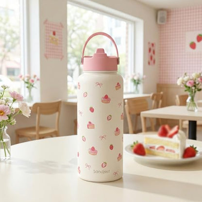 Strawberry Cakes Water Bottle Stainless Steel 32oz with Lid & Straw, Sweets Desserts Aesthetic Insulated Bottles Gifts for Baker Girls Friends Teens Birthday Christmas - color: Strawberry