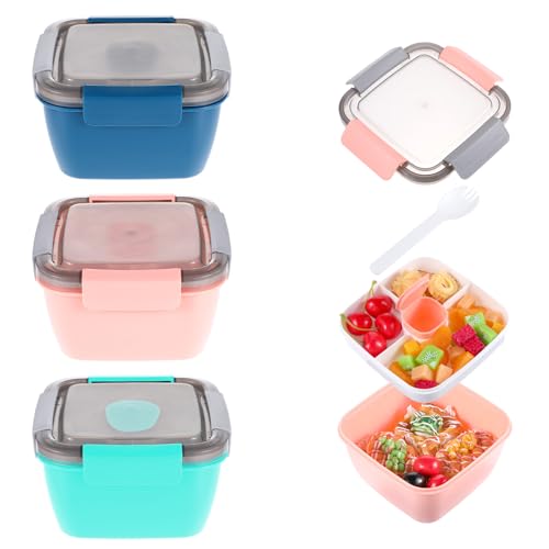 3 Pcs Salad Lunch Container with 3 Compartment, 50 oz Salad Lunch Container for adults, Leakproof Salads Bowl for Toppings, Snacks (Pink,Blue,Green)
